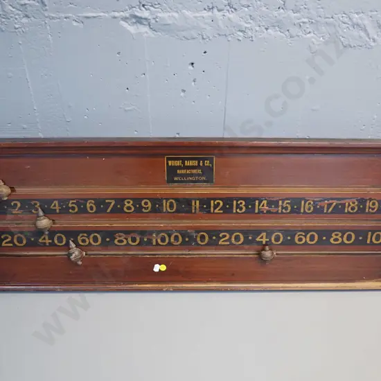 vintage wooden billiard scorer marked Wright Ranish & Co Wellington - some wear, one scorer hard to move H-340 W-930