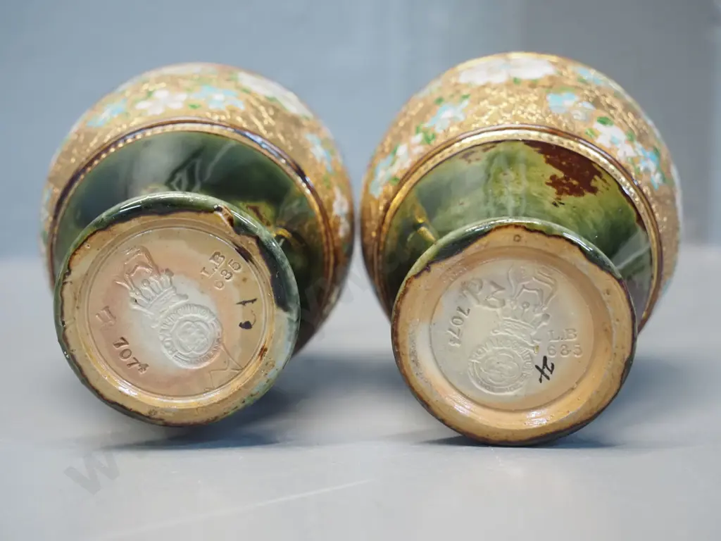 pair of Royal Doulton Lambeth Pottery floral pattern small vases H145 Image 1++