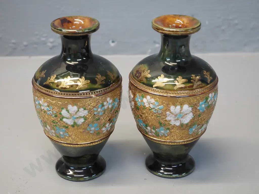 pair of Royal Doulton Lambeth Pottery floral pattern small vases H145 Image 1++