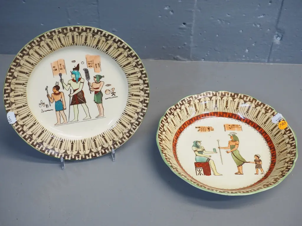 Royal Doulton 'Egyptian' plate and dessert bowl, each D-200 - some crazing, both have nibbles on rim Image 1++