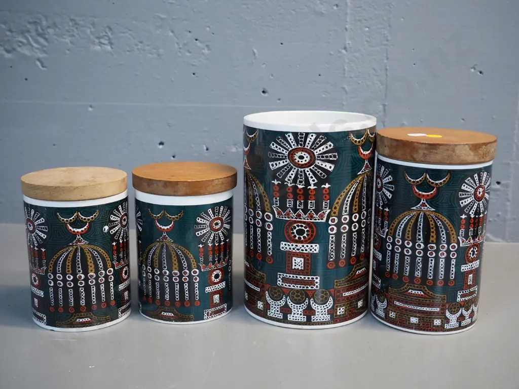 Portmeirion Magic City - 4 wood-lidded storage canisters - largest is missing lid H-220 Image 1++