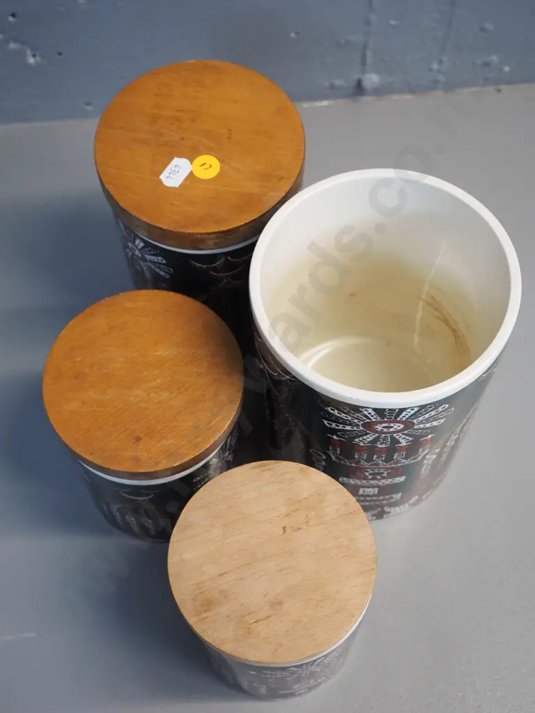 Portmeirion Magic City - 4 wood-lidded storage canisters - largest is missing lid H-220 Image 1++
