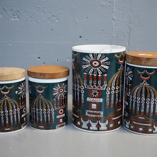 Portmeirion Magic City - 4 wood-lidded storage canisters - largest is missing lid H-220