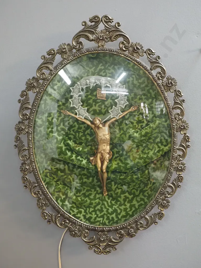 illuminated wall hanging crucifix in glazed metal frame - plastic light halo warped H-400 W-290 (untested) Image 1++