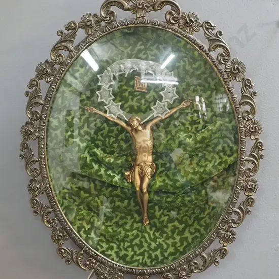 illuminated wall hanging crucifix in glazed metal frame - plastic light halo warped H-400 W-290 (untested)