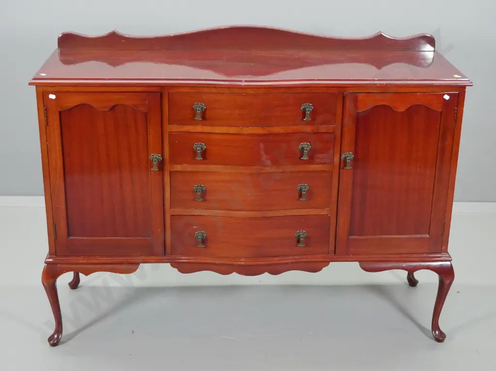 reproduction mahogany sideboard - 4 drawer, 2 door, metal drop handles; scratches to top, back rail loose H910 W1300 D40 Image 1++