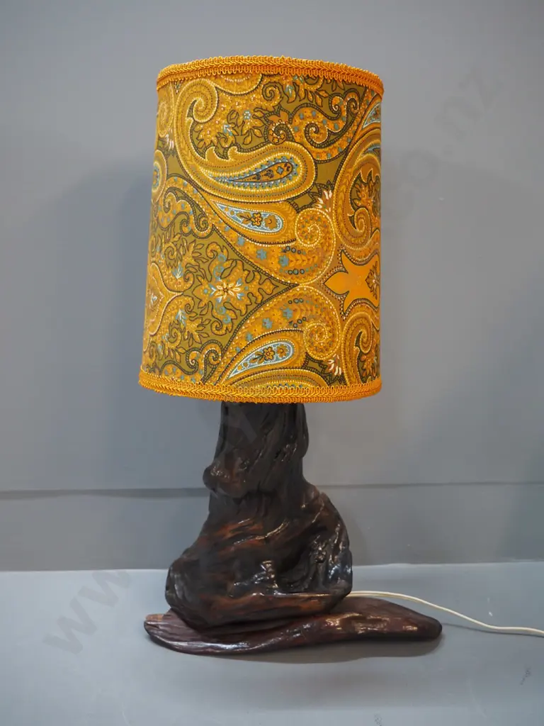 retro driftwood table lamp with paisley pattern shade H-570 D-230 Image 1++