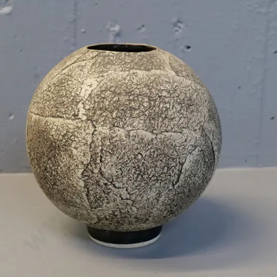 hand potted small ball shaped vase, unknown mark incised on base H-170 D-180