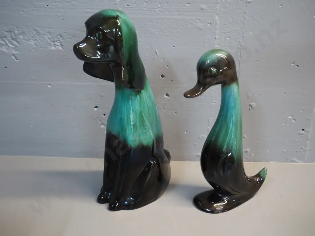 2 Blue Mountain large pottery figurines - dog H-360 and duck Image 1++