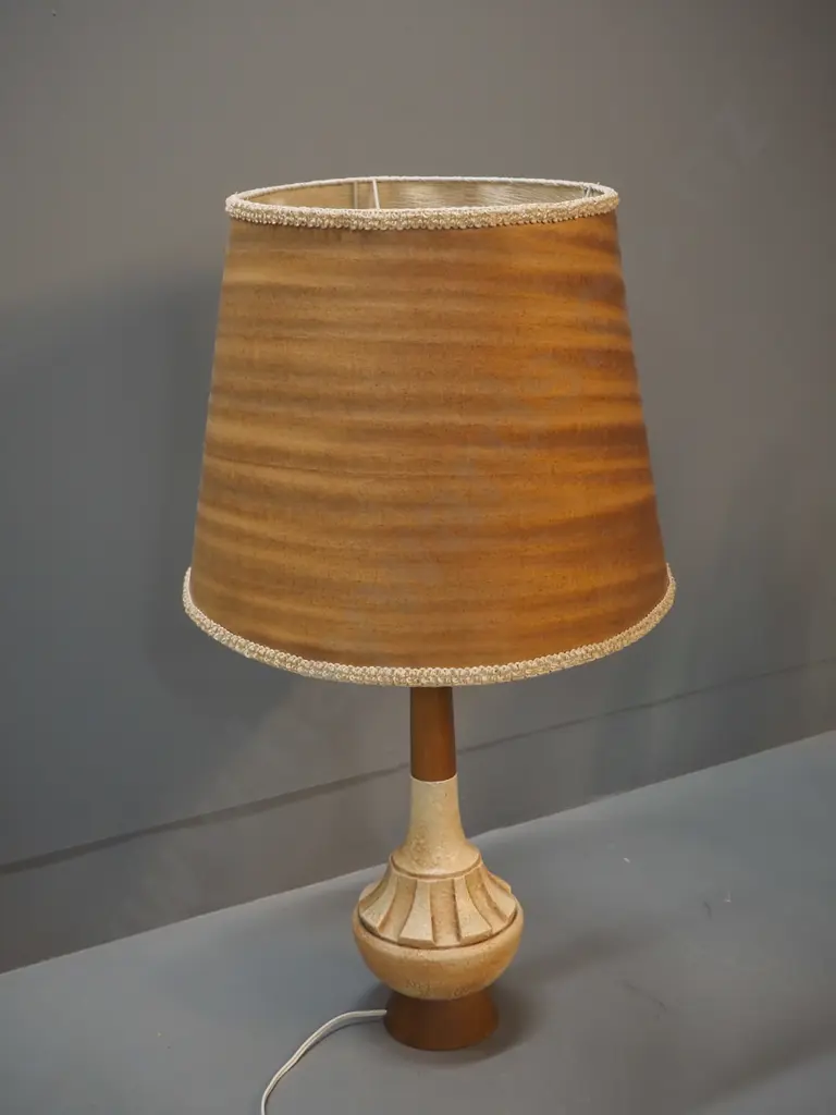 retro Gaylite Auckland pottery and timber table lamp with - join on parchment shade coming apart slightly H-680 D-370 Image 1++