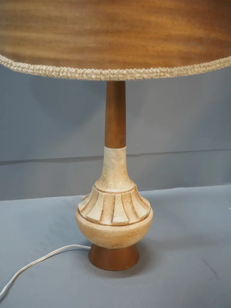 retro Gaylite Auckland pottery and timber table lamp with - join on parchment shade coming apart slightly H-680 D-370 Image 1++