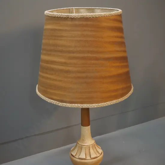 retro Gaylite Auckland pottery and timber table lamp with - join on parchment shade coming apart slightly H-680 D-370