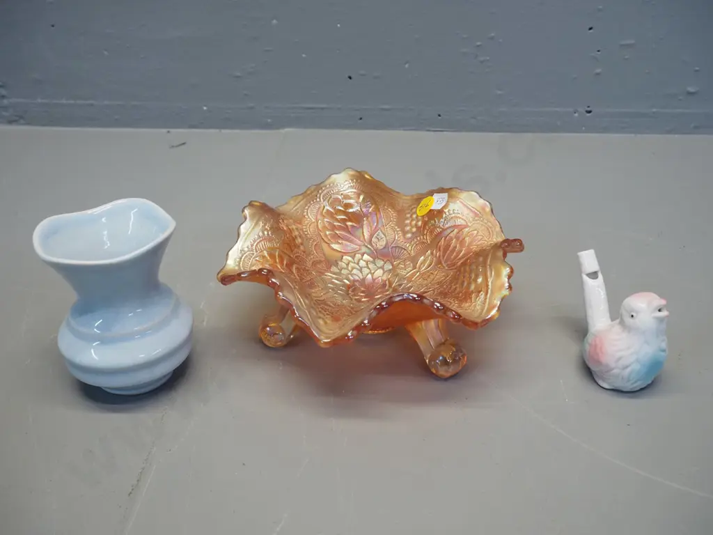 small Crown Lynn vase No. 64, ceramic bird whistle, marigold carnival glass 3-footed dish D-170 Image 1++