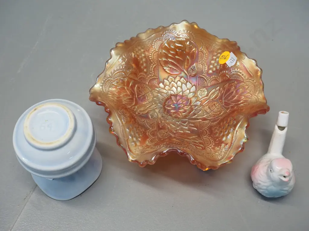 small Crown Lynn vase No. 64, ceramic bird whistle, marigold carnival glass 3-footed dish D-170 Image 1++