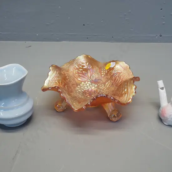 small Crown Lynn vase No. 64, ceramic bird whistle, marigold carnival glass 3-footed dish D-170
