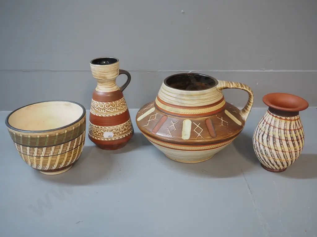4 German pottery items - taller handled vase is H-150 W-210 Image 1++