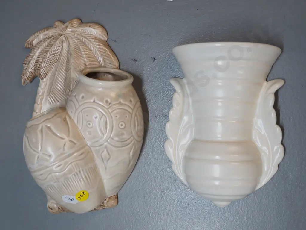 2 wall pocket vases - Beswick palm tree motif H-230 and white Shorter & Son Image 1++