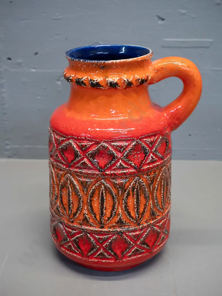 German pottery handled vase - relief pattern orange outer, cobalt blue interior H250 Image 1++