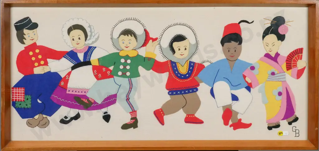 framed retro felt needlework - people of world dancing H-370 W-840 Image 1++