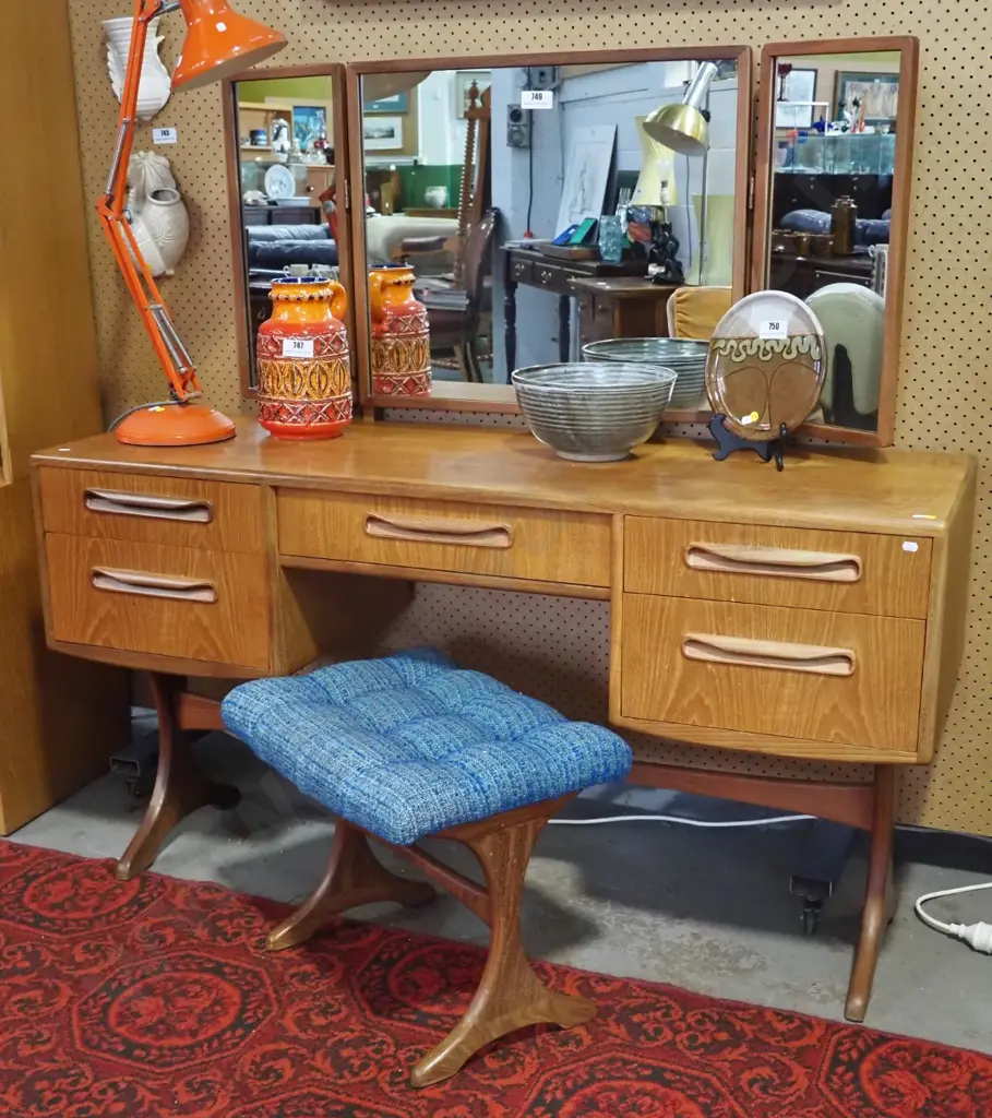 mid-century teak dressing table w/wing mirrors, stool, polish needs work, some movement in mirror frame H1320 W1370 D460 Image 1++