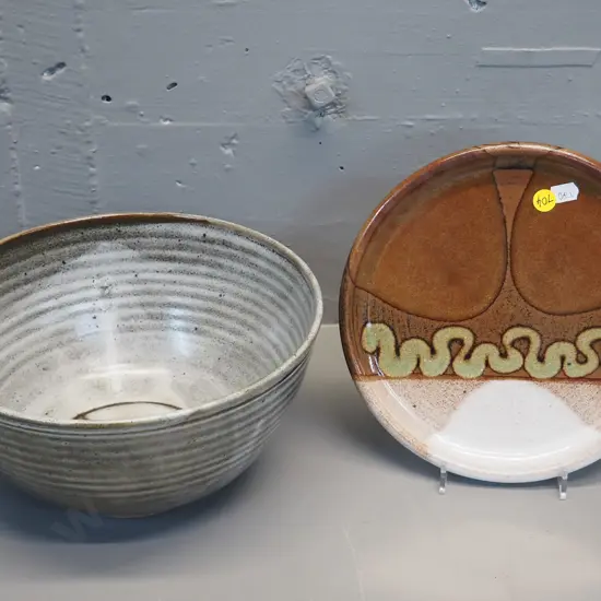 2 studio pottery items - plate marked 'bg' Omarama NZ and bowl with unknown mark H130 D245