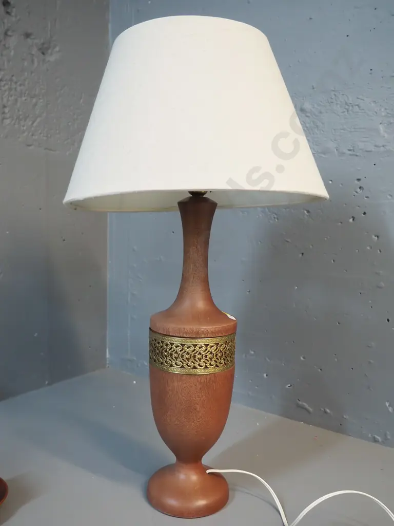 mid-century wooden table lamp with brass filigree trim H-650 including shade Image 1++