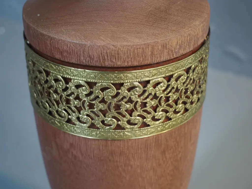 mid-century wooden table lamp with brass filigree trim H-650 including shade Image 1++