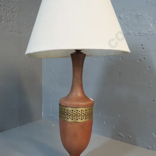 mid-century wooden table lamp with brass filigree trim H-650 including shade