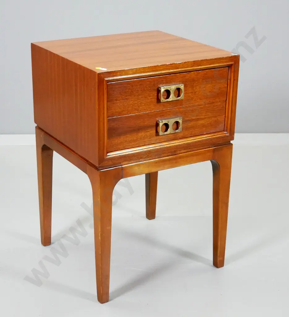 mahogany mid-century 2-drawer bedside table with brass drop handles H610 W410 D400 Image 1++