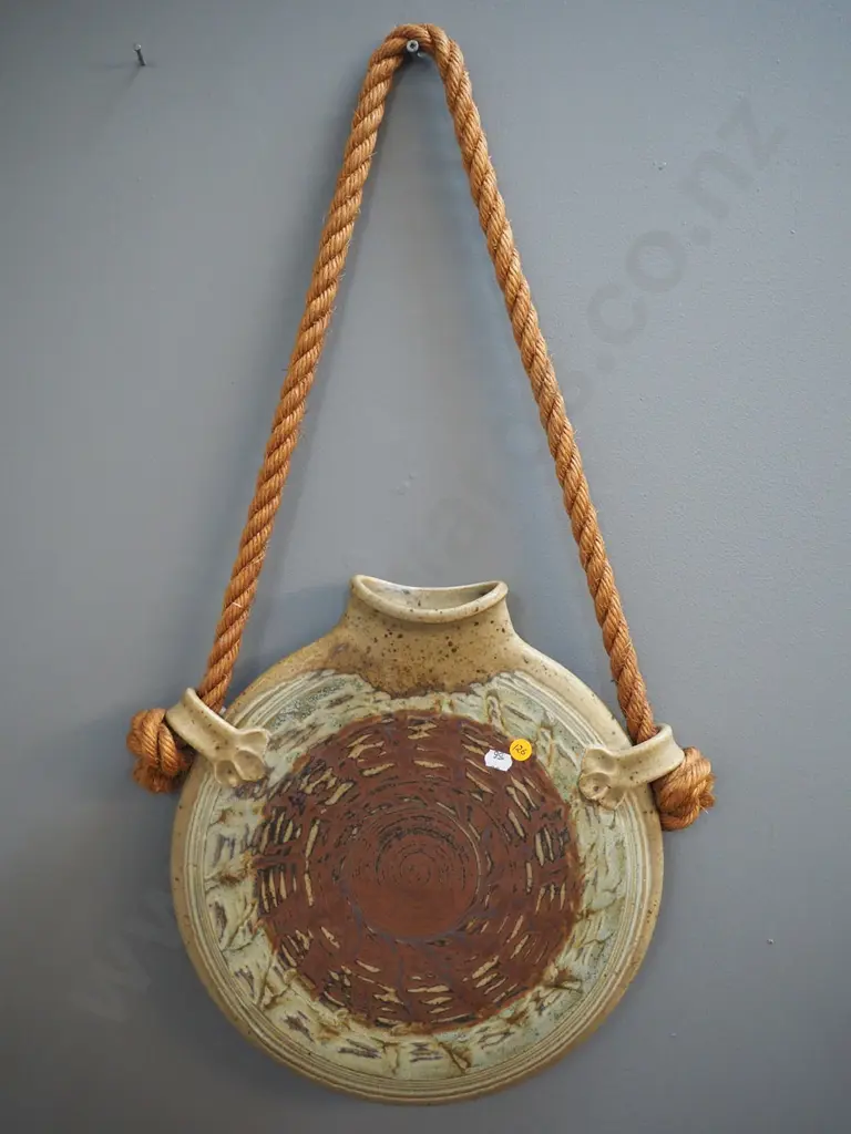 J Ing (Jock Ing?) New Zealand pottery wall flask with hanging rope D-340 Image 1++