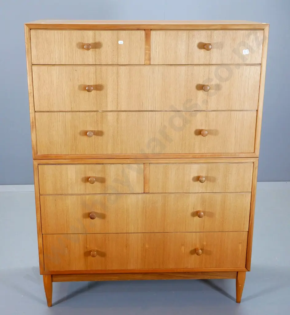 mid-century oak 8 drawer chest-on-chest style with wooden knob handles - fading to polish H-1210 W-900 D-420 Image 1++