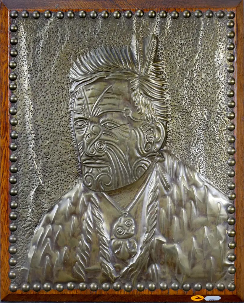 beaten brass Maori male portrait on solid oak background  H-330 W-270 Image 1++