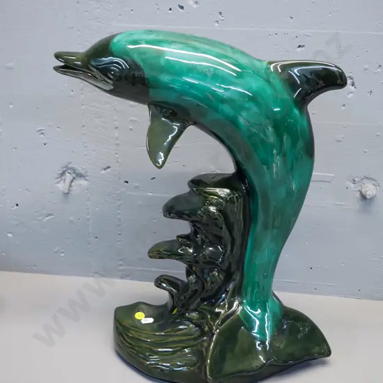 very large lustre trickle glaze dolphin figure - note attributes to Evangeline Pottery Canada - H480