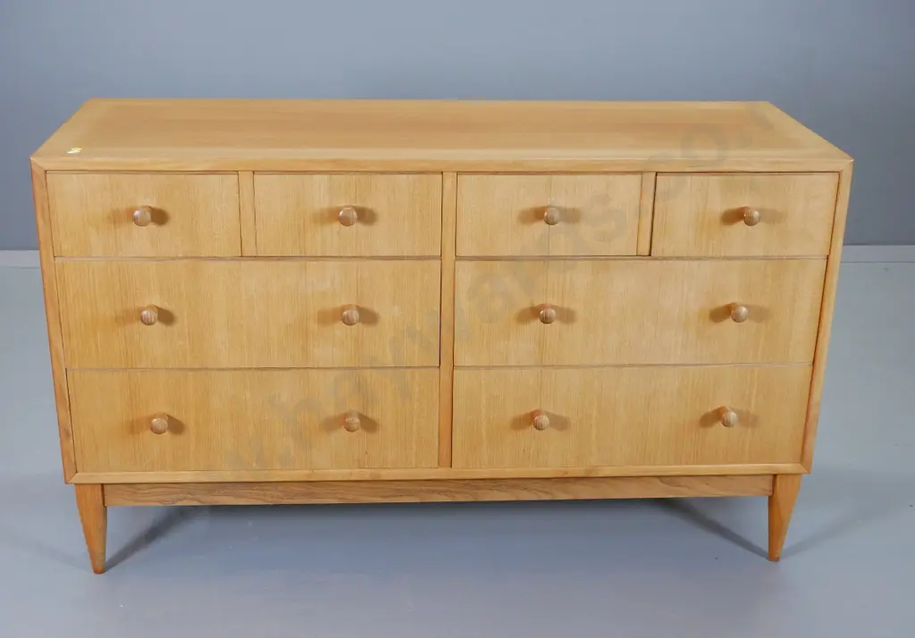 mid-century oak 8 drawer low chest with wooden knob handles H-700 W-1170 D-420 Image 1++