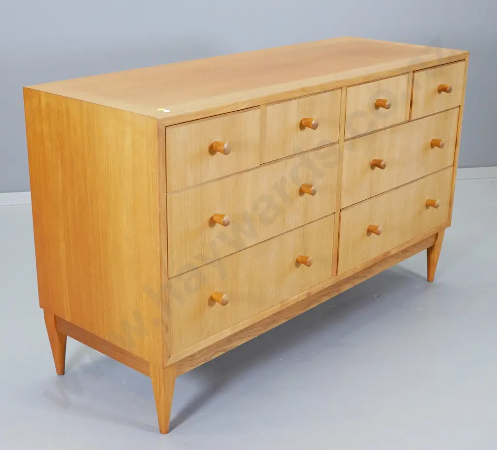 mid-century oak 8 drawer low chest with wooden knob handles H-700 W-1170 D-420 Image 1++
