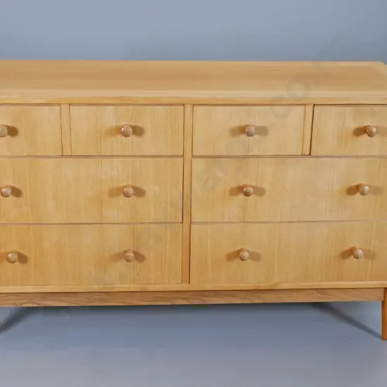 mid-century oak 8 drawer low chest with wooden knob handles H-700 W-1170 D-420
