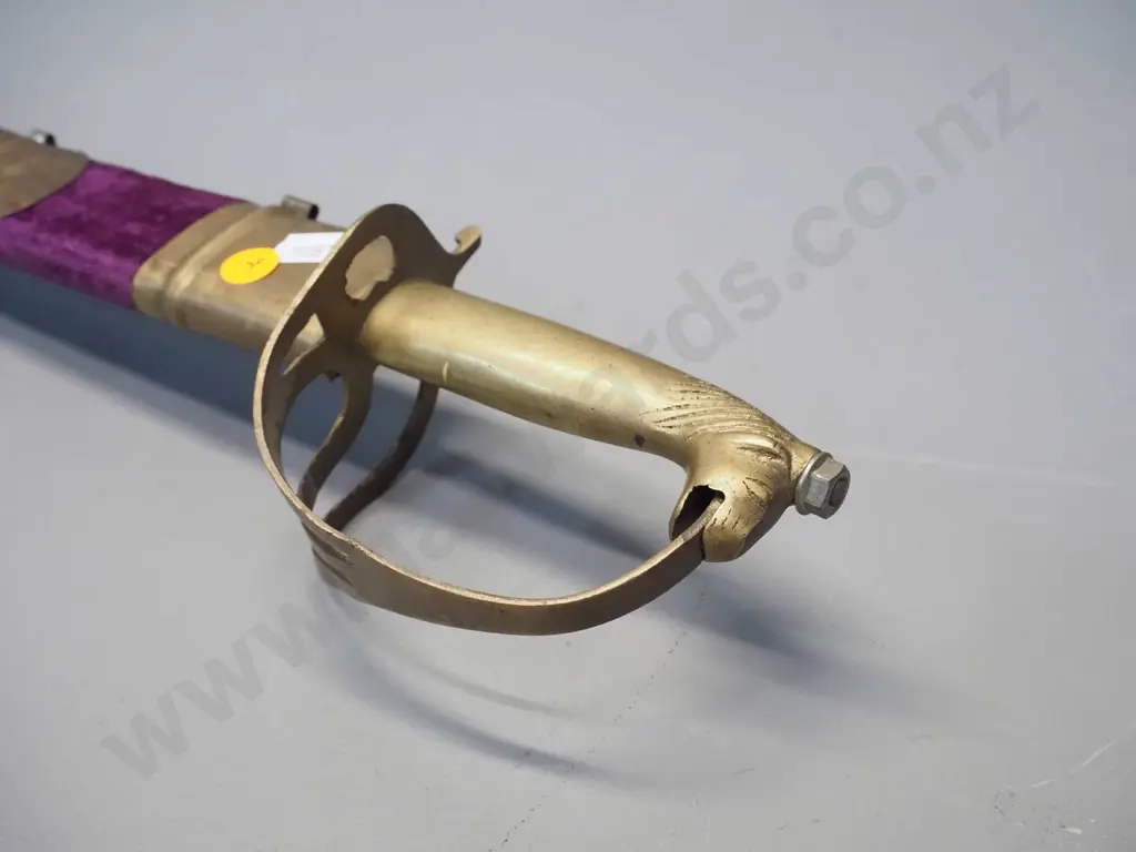ornamental sword with brass horse head handle and purple velvet and brass scabbard L-900 Image 1++