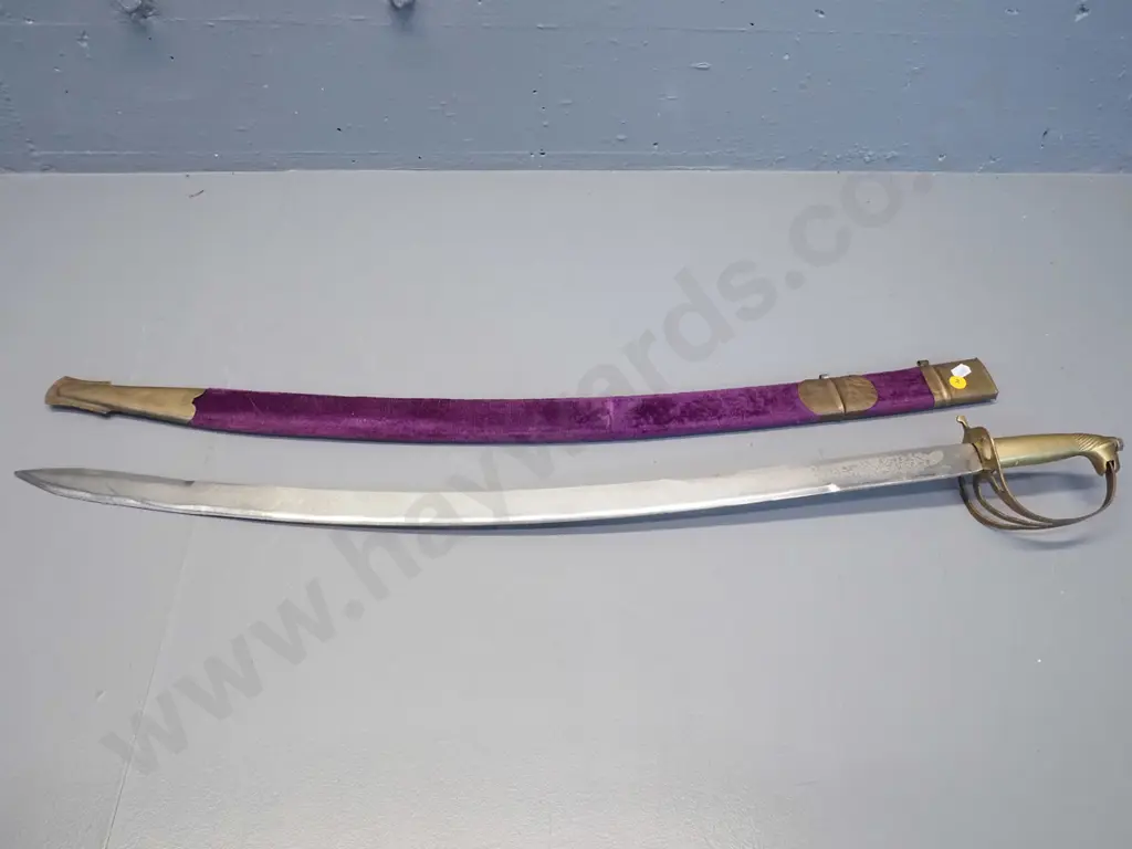 ornamental sword with brass horse head handle and purple velvet and brass scabbard L-900 Image 1++