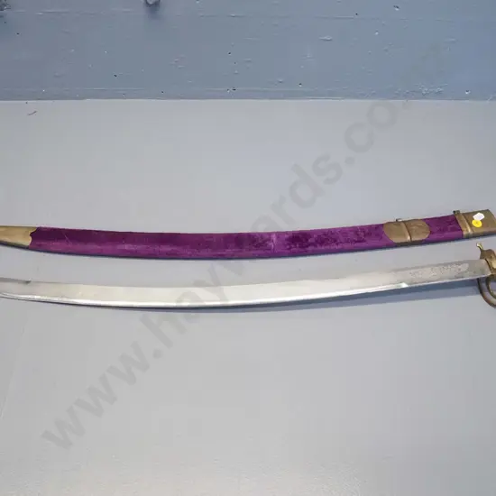 ornamental sword with brass horse head handle and purple velvet and brass scabbard L-900