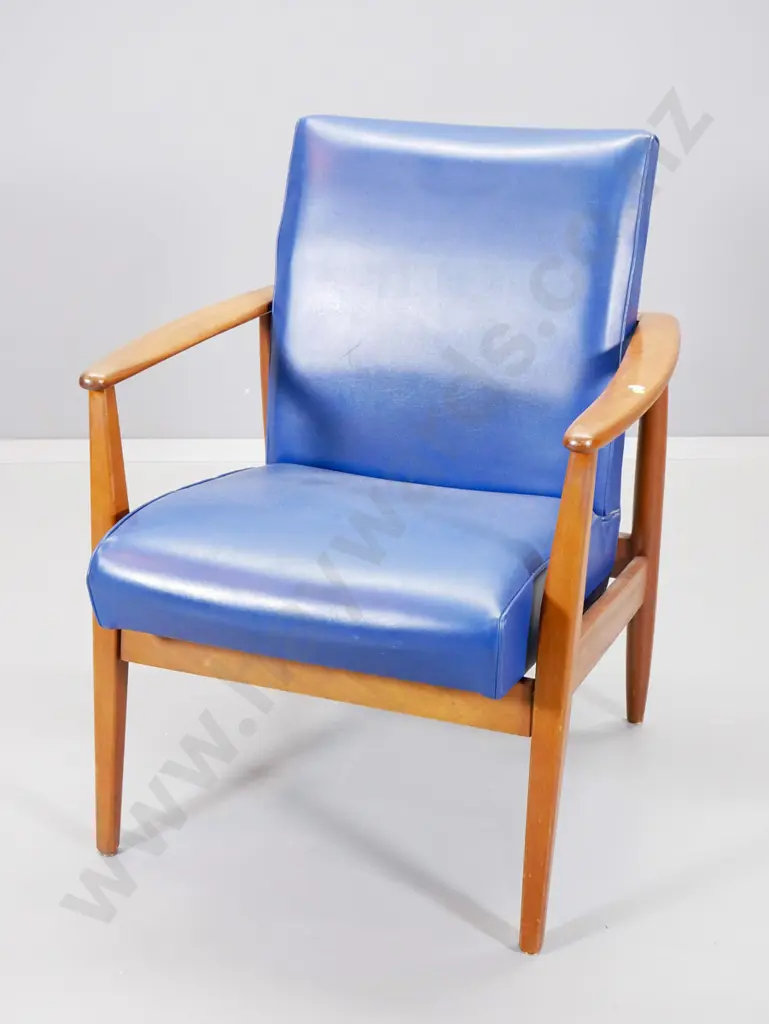 mid-century teak framed occasional chair in blue vinyl upholstery H830 W650 D660 Image 1++