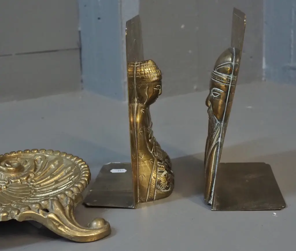 pair of Chinese brass book-ends with relief figures - Buddha & Confucius - H-190 - and a footed heavy dish L-300 Image 1++