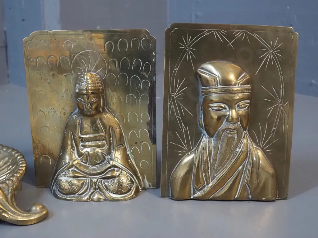 pair of Chinese brass book-ends with relief figures - Buddha & Confucius - H-190 - and a footed heavy dish L-300 Image 1++