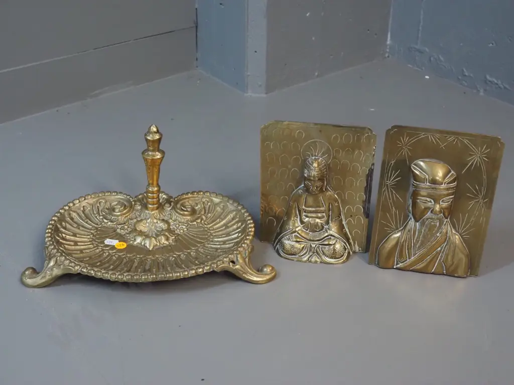 pair of Chinese brass book-ends with relief figures - Buddha & Confucius - H-190 - and a footed heavy dish L-300 Image 1++