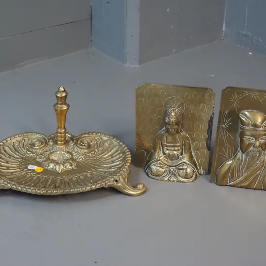 pair of Chinese brass book-ends with relief figures - Buddha & Confucius - H-190 - and a footed heavy dish L-300
