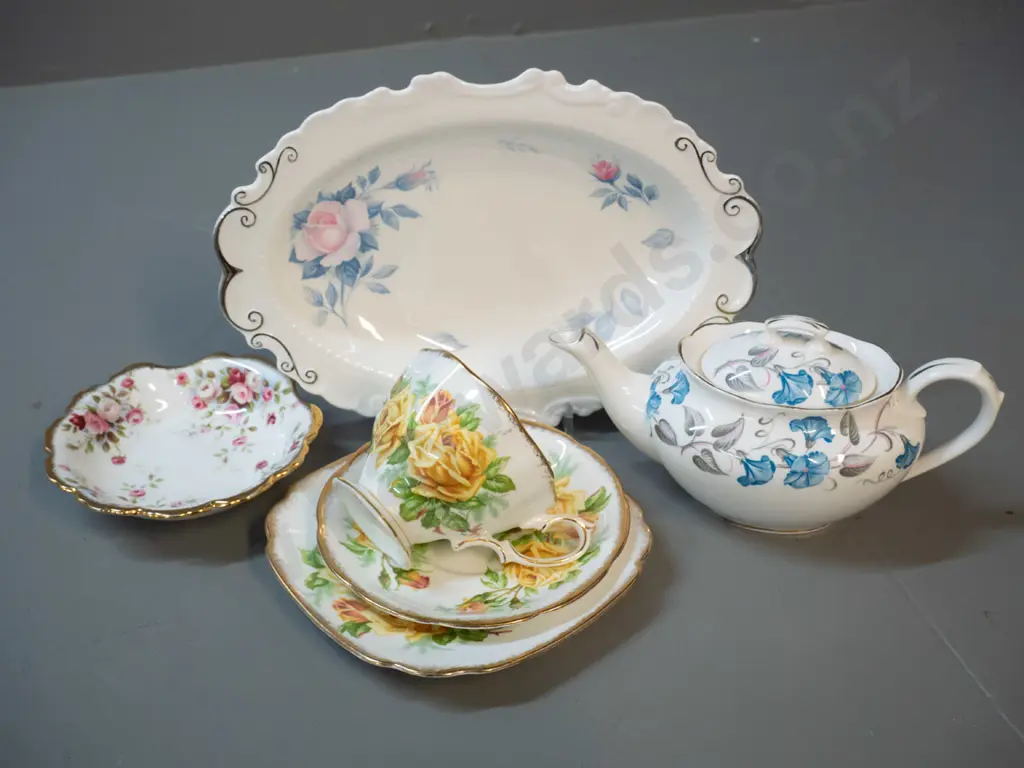 Royal Albert china - biscuit plate, jam dish, Morning Glory small teapot, and a Tea Rose trio Image 1++