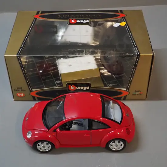 Burago die cast 1:18 scale model 1998 Volkswagen Beetle - tape repair to original box