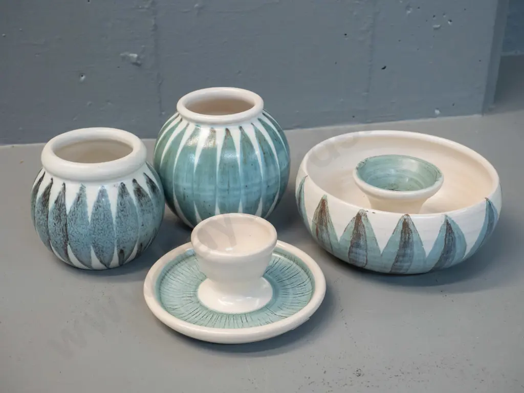 4 pieces Hanmer New Zealand pottery - 2 vases, taller is H-100, candlestick and egg cup Image 1++