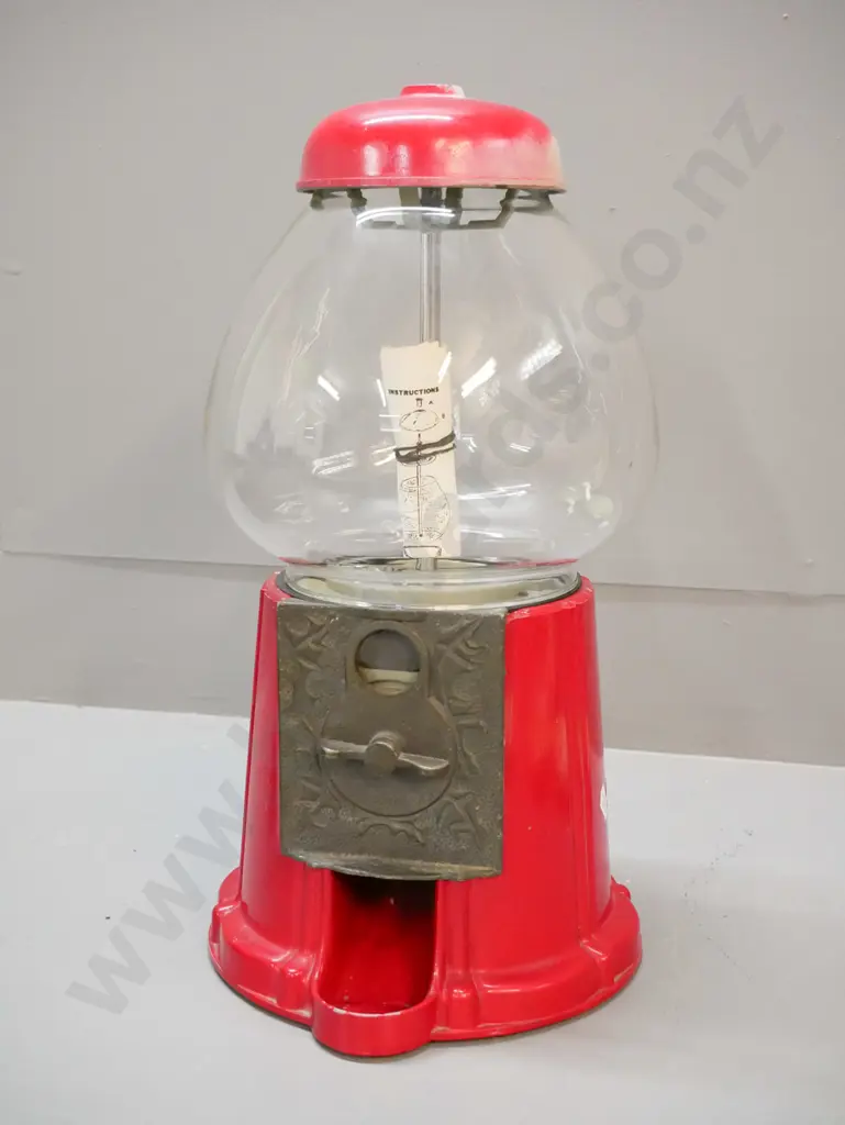 metal and glass gumball dispenser - made in Taiwan, some fading or rubbing to finish on cap H-390 D-200 Image 1++