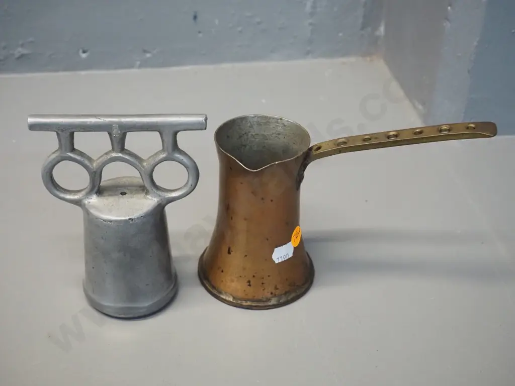 copper and brass pouring jug made from shell casing and a cast metal tool with rubber insert H-150 Image 1++