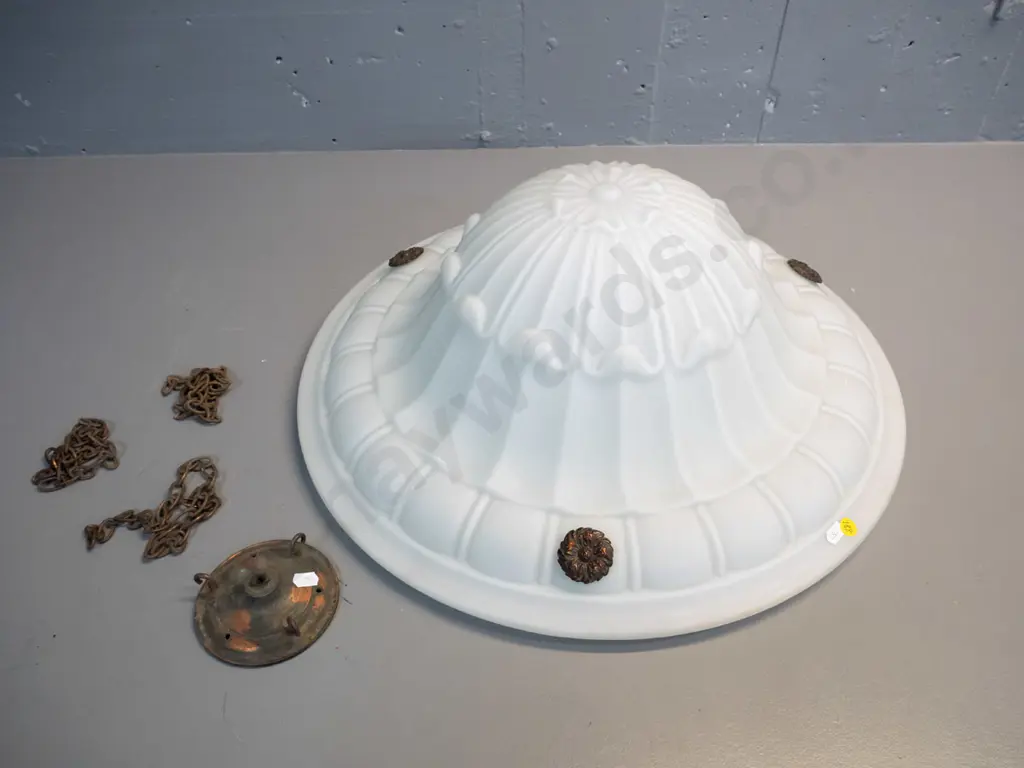 large nouveau frosted milk glass ceiling light shade w/ copper finish fittings, hanging chains & ceiling rose H200 D520 Image 1++